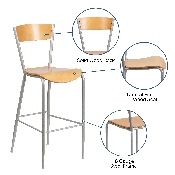 Invincible Series Silver Metal Restaurant Barstool - Natural Wood Back & Seat, XU-DG-60218-NAT-GG