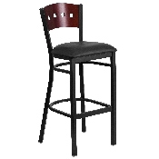 HERCULES Series Black 4 Square Back Metal Restaurant Barstool - Mahogany Wood Back, Black Vinyl Seat