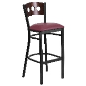 HERCULES Series Black 3 Circle Back Metal Restaurant Barstool - Walnut Wood Back, Burgundy Vinyl Seat