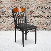 Eclipse Series Vertical Back Black Metal and Cherry Wood Restaurant Chair with Black Vinyl Seat, XU-DG-60618-CHY-BLKV-GG