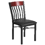 Eclipse Series Vertical Back Black Metal and Mahogany Wood Restaurant Chair with Black Vinyl Seat, XU-DG-60618-MAH-BLKV-GG