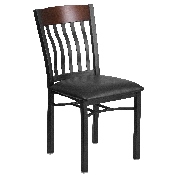 Eclipse Series Vertical Back Black Metal and Walnut Wood Restaurant Chair with Black Vinyl Seat, XU-DG-60618-WAL-BLKV-GG