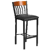 Eclipse Series Vertical Back Black Metal and Cherry Wood Restaurant Barstool with Black Vinyl Seat, XU-DG-60618B-CHY-BLKV-GG