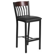 Eclipse Series Vertical Back Black Metal and Walnut Wood Restaurant Barstool with Black Vinyl Seat, XU-DG-60618B-WAL-BLKV-GG