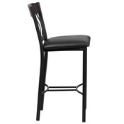 Eclipse Series Vertical Back Black Metal and Walnut Wood Restaurant Barstool with Black Vinyl Seat, XU-DG-60618B-WAL-BLKV-GG