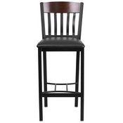 Eclipse Series Vertical Back Black Metal and Walnut Wood Restaurant Barstool with Black Vinyl Seat, XU-DG-60618B-WAL-BLKV-GG