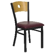 HERCULES Series Black Circle Back Metal Restaurant Chair - Natural Wood Back, Burgundy Vinyl Seat, XU-DG-6F2B-CIR-BURV-GG