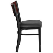 HERCULES Series Black Slat Back Metal Restaurant Chair - Mahogany Wood Back, Black Vinyl Seat, XU-DG-6G5B-MAH-BLKV-GG