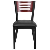 HERCULES Series Black Slat Back Metal Restaurant Chair - Mahogany Wood Back, Black Vinyl Seat, XU-DG-6G5B-MAH-BLKV-GG