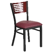 HERCULES Series Black Slat Back Metal Restaurant Chair - Mahogany Wood Back, Burgundy Vinyl Seat, XU-DG-6G5B-MAH-BURV-GG