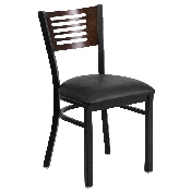 HERCULES Series Black Slat Back Metal Restaurant Chair - Walnut Wood Back, Black Vinyl Seat, XU-DG-6G5B-WAL-BLKV-GG