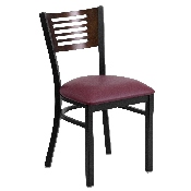 HERCULES Series Black Slat Back Metal Restaurant Chair - Walnut Wood Back, Burgundy Vinyl Seat, XU-DG-6G5B-WAL-BURV-GG