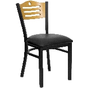HERCULES Series Black Slat Back Metal Restaurant Chair - Natural Wood Back, Black Vinyl Seat, XU-DG-6G7B-SLAT-BLKV-GG