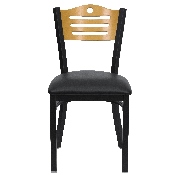 HERCULES Series Black Slat Back Metal Restaurant Chair - Natural Wood Back, Black Vinyl Seat, XU-DG-6G7B-SLAT-BLKV-GG