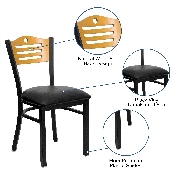 HERCULES Series Black Slat Back Metal Restaurant Chair - Natural Wood Back, Black Vinyl Seat, XU-DG-6G7B-SLAT-BLKV-GG