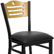 HERCULES Series Black Slat Back Metal Restaurant Chair - Natural Wood Back, Black Vinyl Seat, XU-DG-6G7B-SLAT-BLKV-GG