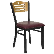 HERCULES Series Black Slat Back Metal Restaurant Chair - Natural Wood Back, Burgundy Vinyl Seat, XU-DG-6G7B-SLAT-BURV-GG