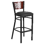 HERCULES Series Black Slat Back Metal Restaurant Barstool - Mahogany Wood Back, Black Vinyl Seat, XU-DG-6H1B-MAH-BAR-BLKV-GG
