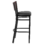 HERCULES Series Black Slat Back Metal Restaurant Barstool - Mahogany Wood Back, Black Vinyl Seat, XU-DG-6H1B-MAH-BAR-BLKV-GG