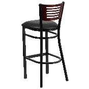 HERCULES Series Black Slat Back Metal Restaurant Barstool - Mahogany Wood Back, Black Vinyl Seat, XU-DG-6H1B-MAH-BAR-BLKV-GG