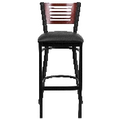 HERCULES Series Black Slat Back Metal Restaurant Barstool - Mahogany Wood Back, Black Vinyl Seat, XU-DG-6H1B-MAH-BAR-BLKV-GG