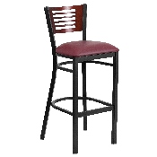 HERCULES Series Black Slat Back Metal Restaurant Barstool - Mahogany Wood Back, Burgundy Vinyl Seat, XU-DG-6H1B-MAH-BAR-BURV-GG