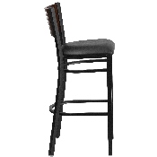HERCULES Series Black Slat Back Metal Restaurant Barstool - Walnut Wood Back, Black Vinyl Seat, XU-DG-6H1B-WAL-BAR-BLKV-GG