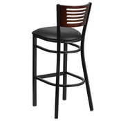 HERCULES Series Black Slat Back Metal Restaurant Barstool - Walnut Wood Back, Black Vinyl Seat, XU-DG-6H1B-WAL-BAR-BLKV-GG