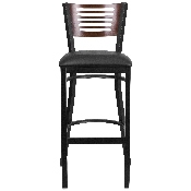 HERCULES Series Black Slat Back Metal Restaurant Barstool - Walnut Wood Back, Black Vinyl Seat, XU-DG-6H1B-WAL-BAR-BLKV-GG