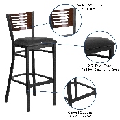 HERCULES Series Black Slat Back Metal Restaurant Barstool - Walnut Wood Back, Black Vinyl Seat, XU-DG-6H1B-WAL-BAR-BLKV-GG