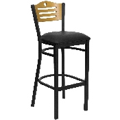 HERCULES Series Black Slat Back Metal Restaurant Barstool - Natural Wood Back, Black Vinyl Seat, XU-DG-6H3B-SLAT-BAR-BLKV-GG