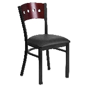 HERCULES Series Black 4 Square Back Metal Restaurant Chair - Mahogany Wood Back, Black Vinyl Seat, XU-DG-6Y1B-MAH-BLKV-GG