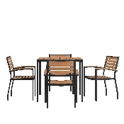 5 Piece Outdoor Dining Table Set - Synthetic Teak Poly Slats - 35