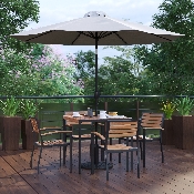 7 Piece Outdoor Patio Table Set with 4 Synthetic Teak Stackable Chairs, 35" Square Table, Gray Umbrella & Base, XU-DG-810060064-UB19BGY-GG