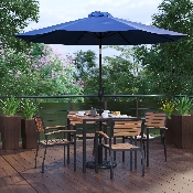 7 Piece Outdoor Patio Table Set with 4 Synthetic Teak Stackable Chairs, 35" Square Table, Navy Umbrella & Base, XU-DG-810060064-UB19BNV-GG