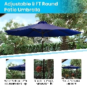 7 Piece Outdoor Patio Table Set with 4 Synthetic Teak Stackable Chairs, 35" Square Table, Navy Umbrella & Base, XU-DG-810060064-UB19BNV-GG