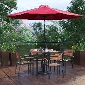 7 Piece Outdoor Patio Table Set with 4 Synthetic Teak Stackable Chairs, 35" Square Table, Red Umbrella & Base, XU-DG-810060064-UB19BRD-GG