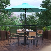 7 Piece Outdoor Patio Dining Table Set with 4 Synthetic Teak Stackable Chairs, 35" Square Table, Teal Umbrella & Base, XU-DG-810060064-UB19BTL-GG