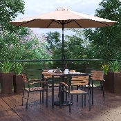 7 Piece Outdoor Patio Table Set with 4 Synthetic Teak Stackable Chairs, 35" Square Table, Tan Umbrella & Base, XU-DG-810060064-UB19BTN-GG