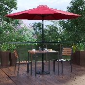 5 Piece All-Weather Deck or Patio Set with 2 Stacking Faux Teak Chairs, 35" Square Faux Teak Table, Red Umbrella & Base, XU-DG-810060362-UB19BRD-GG