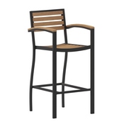 Lark Commercial Grade Bar Height Stool with Arms, All-Weather Outdoor Bar Stool with Faux Wood Poly Resin Slats and Aluminum Frame, Teak, XU-DG-HW6036B-ARM-GG