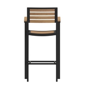 Lark Commercial Grade Bar Height Stool with Arms, All-Weather Outdoor Bar Stool with Faux Wood Poly Resin Slats and Aluminum Frame, Teak, XU-DG-HW6036B-ARM-GG