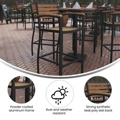 Lark Commercial Grade Bar Height Stool with Arms, All-Weather Outdoor Bar Stool with Faux Wood Poly Resin Slats and Aluminum Frame, Teak, XU-DG-HW6036B-ARM-GG