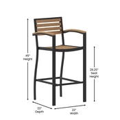 Lark Commercial Grade Bar Height Stool with Arms, All-Weather Outdoor Bar Stool with Faux Wood Poly Resin Slats and Aluminum Frame, Teak, XU-DG-HW6036B-ARM-GG