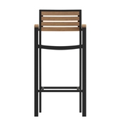 Lark Commercial Grade Bar Height Stool with Arms, All-Weather Outdoor Bar Stool with Faux Wood Poly Resin Slats and Aluminum Frame, Teak, XU-DG-HW6036B-ARM-GG