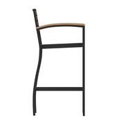 Lark Commercial Grade Bar Height Stool with Arms, All-Weather Outdoor Bar Stool with Faux Wood Poly Resin Slats and Aluminum Frame, Teak, XU-DG-HW6036B-ARM-GG