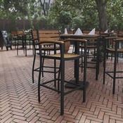 Lark Commercial Grade Bar Height Stool with Arms, All-Weather Outdoor Bar Stool with Faux Wood Poly Resin Slats and Aluminum Frame, Teak, XU-DG-HW6036B-ARM-GG