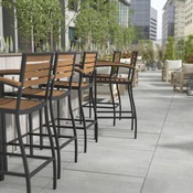 Lark Commercial Grade Bar Height Stool with Arms, All-Weather Outdoor Bar Stool with Faux Wood Poly Resin Slats and Aluminum Frame, Teak, XU-DG-HW6036B-ARM-GG