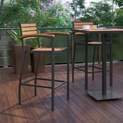 Lark Commercial Grade Bar Height Stool with Arms, All-Weather Outdoor Bar Stool with Faux Wood Poly Resin Slats and Aluminum Frame, Teak, XU-DG-HW6036B-ARM-GG
