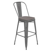Lincoln 30'' High Clear Coated Indoor Barstool with Back and Gray Poly Resin Wood Seat, XU-DG-TP001B-30-PL1G-GG
